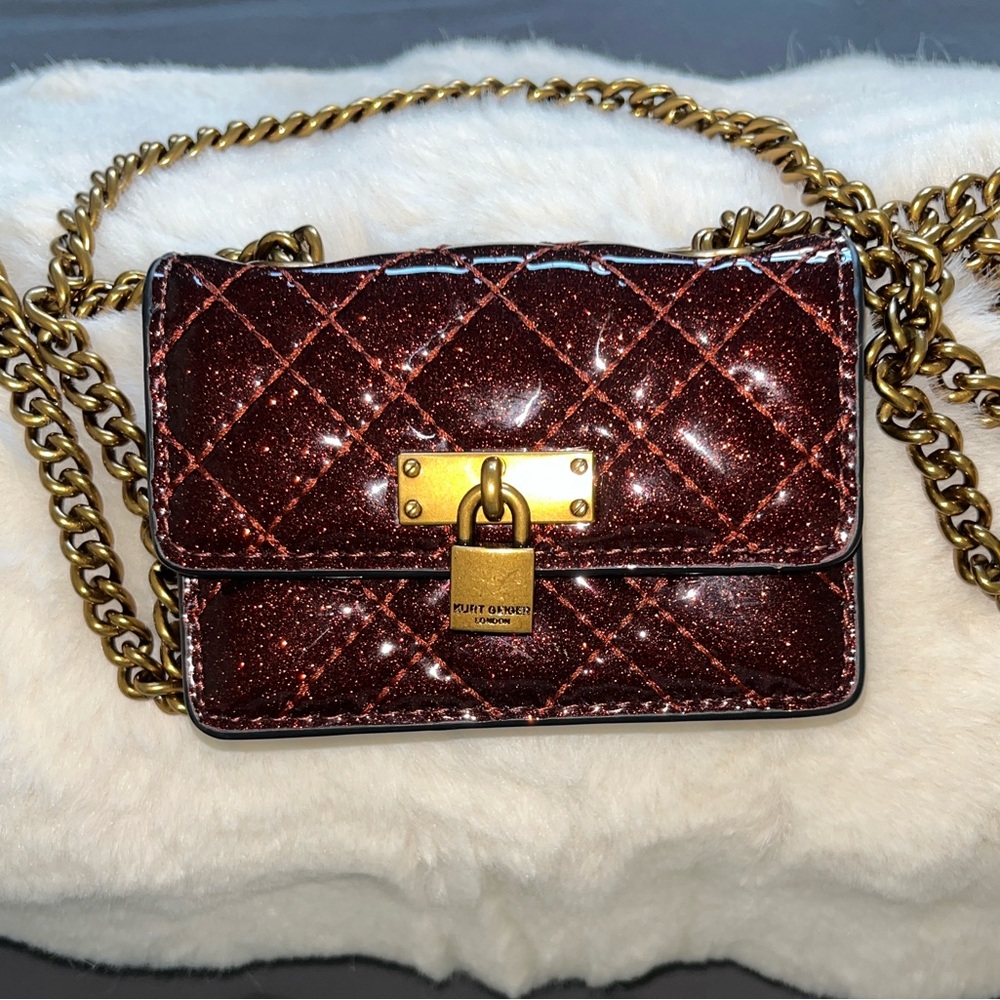 Kurt Geiger Rust/Copper Patent Sparkly Micro Birxton Bag with Gold Chain